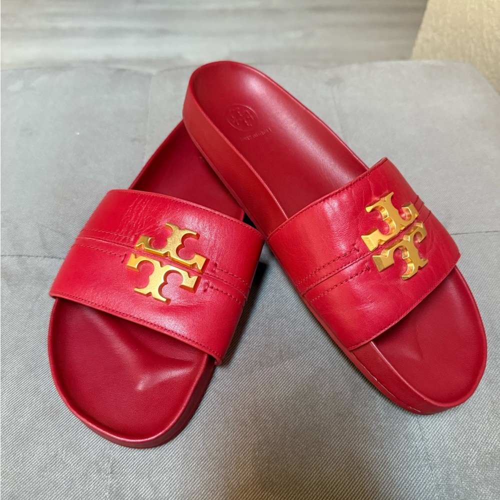 Tory Burch Red Slides with Gold Emblem